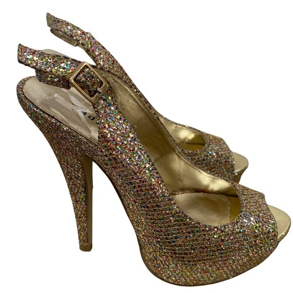 Madden Girl Gold Multicolor Glitter Slingback Peep Toe Platform Heels Size 8 - Picture 1 of 9